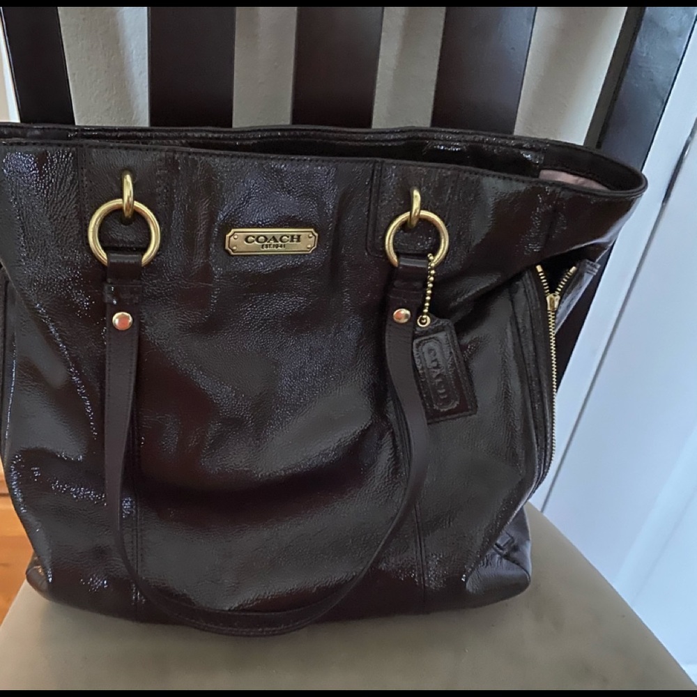 Coach Chocolate Brown Patent Tote w/Gold Accents